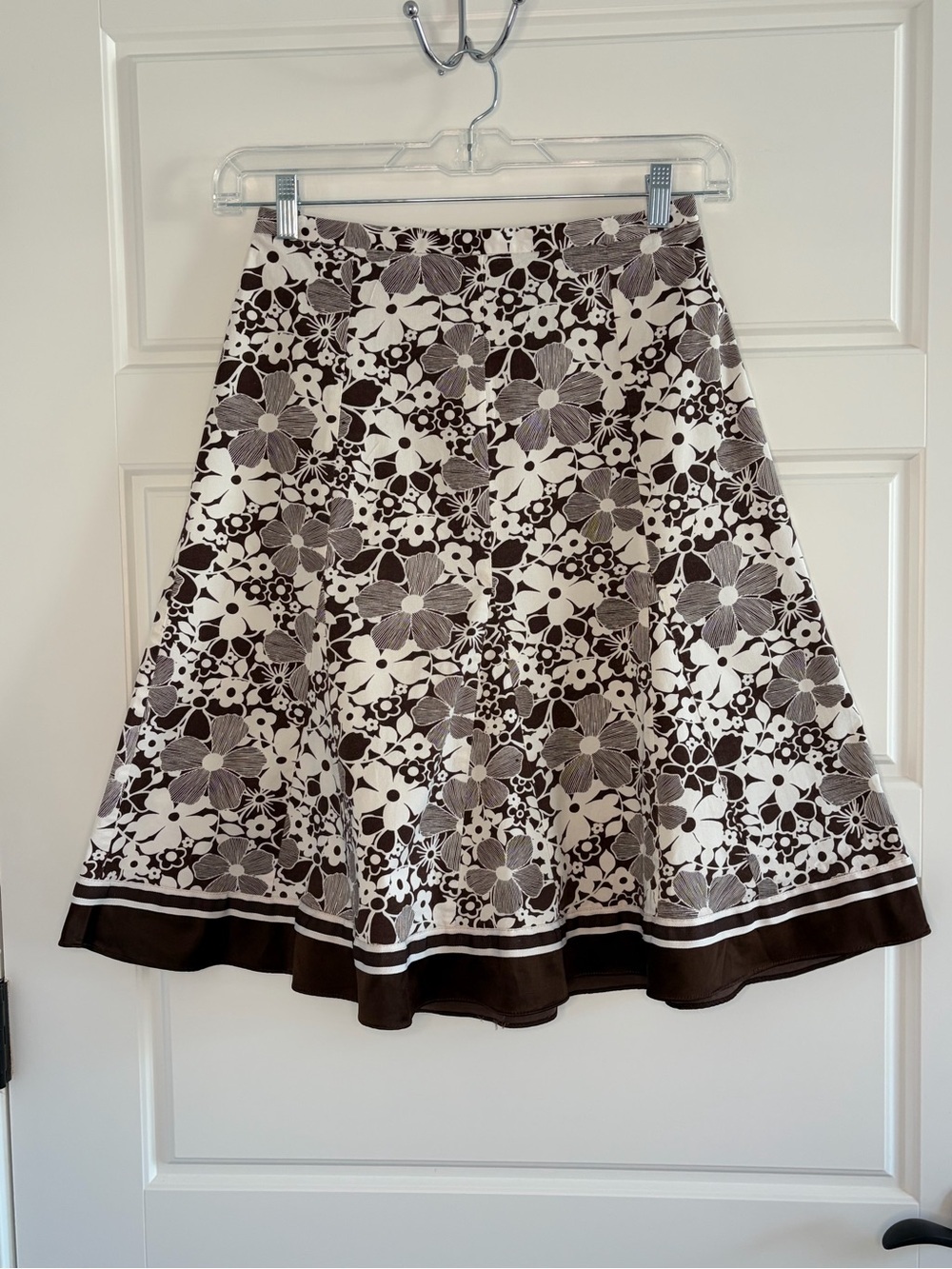 Perceptions Brown White Floral Cottagecore Pull On Cotton Midi Skirt  Size 10